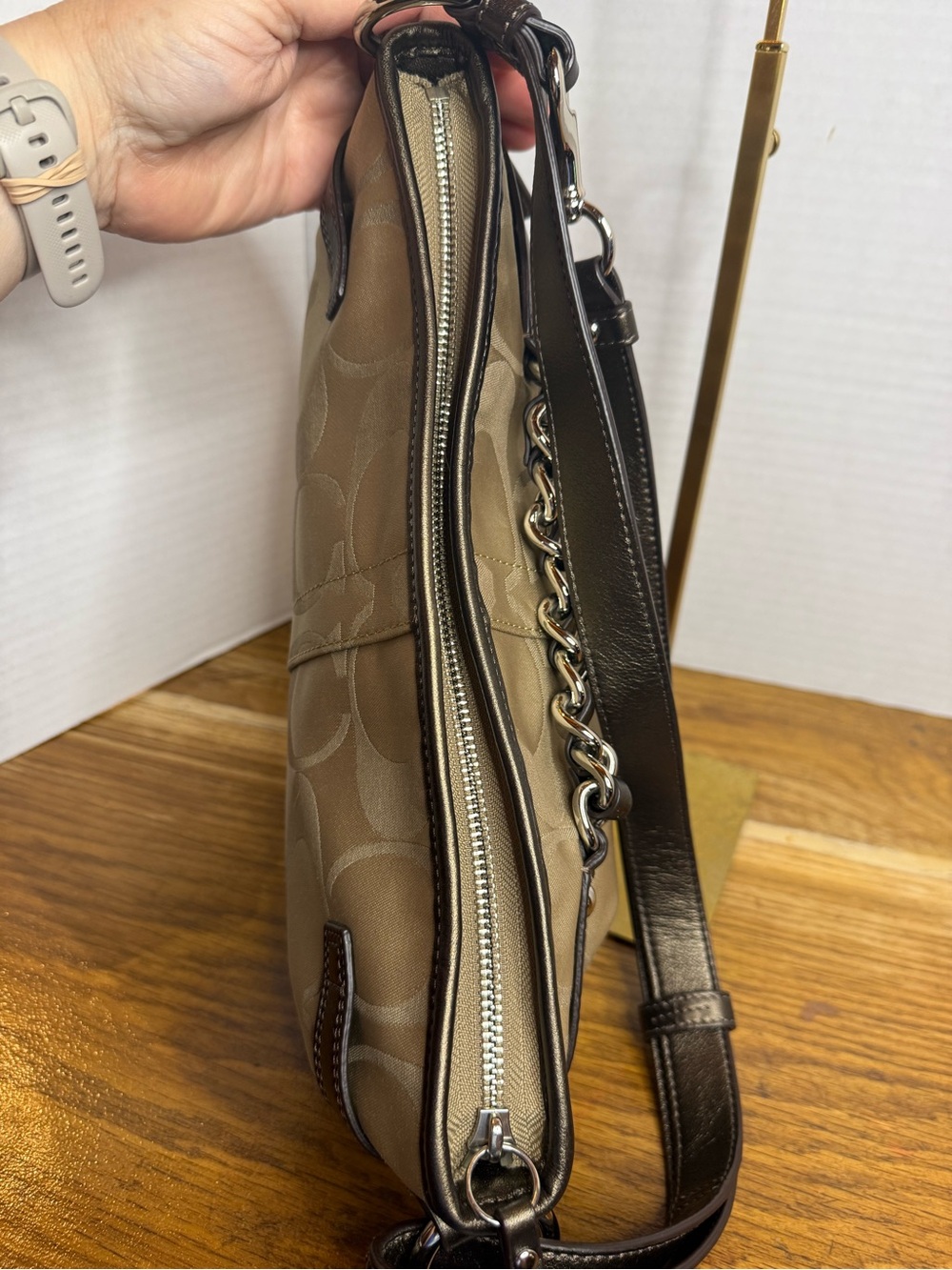 Coach F19724 Signature Jacquard Shoulder Bag Champagne Bronze Chain Charm EUC - Picture 10 of 16